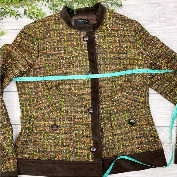 TALBOTS Ladies Brown Tweed with Leather Trim Skirt Suit 6 top 8 bottom - Picture 6 of 9